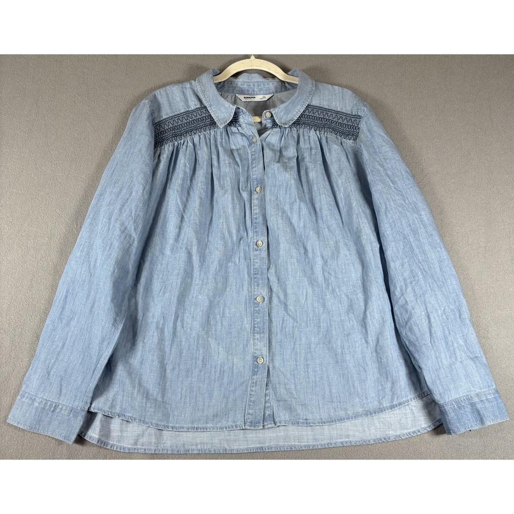 Sonoma Goods For Life Womens Button Up Shirt Blue Denim Embroidered Smocked 2XL
